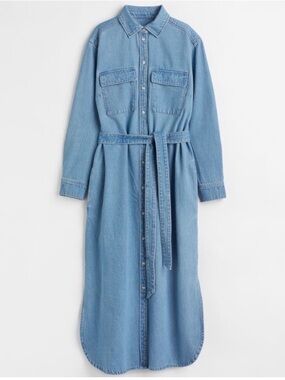 Washed Light Blue Denim Shirt Midi Dress with Tie Belt